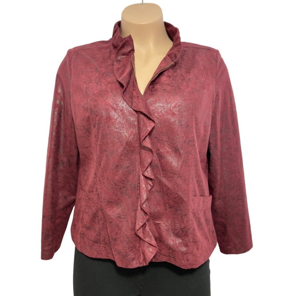 ELEMENTZ Maroon Suede-Feel Embossed Jacket Women's XL Full Zip Ruffle Metallic - Picture 3 of 15